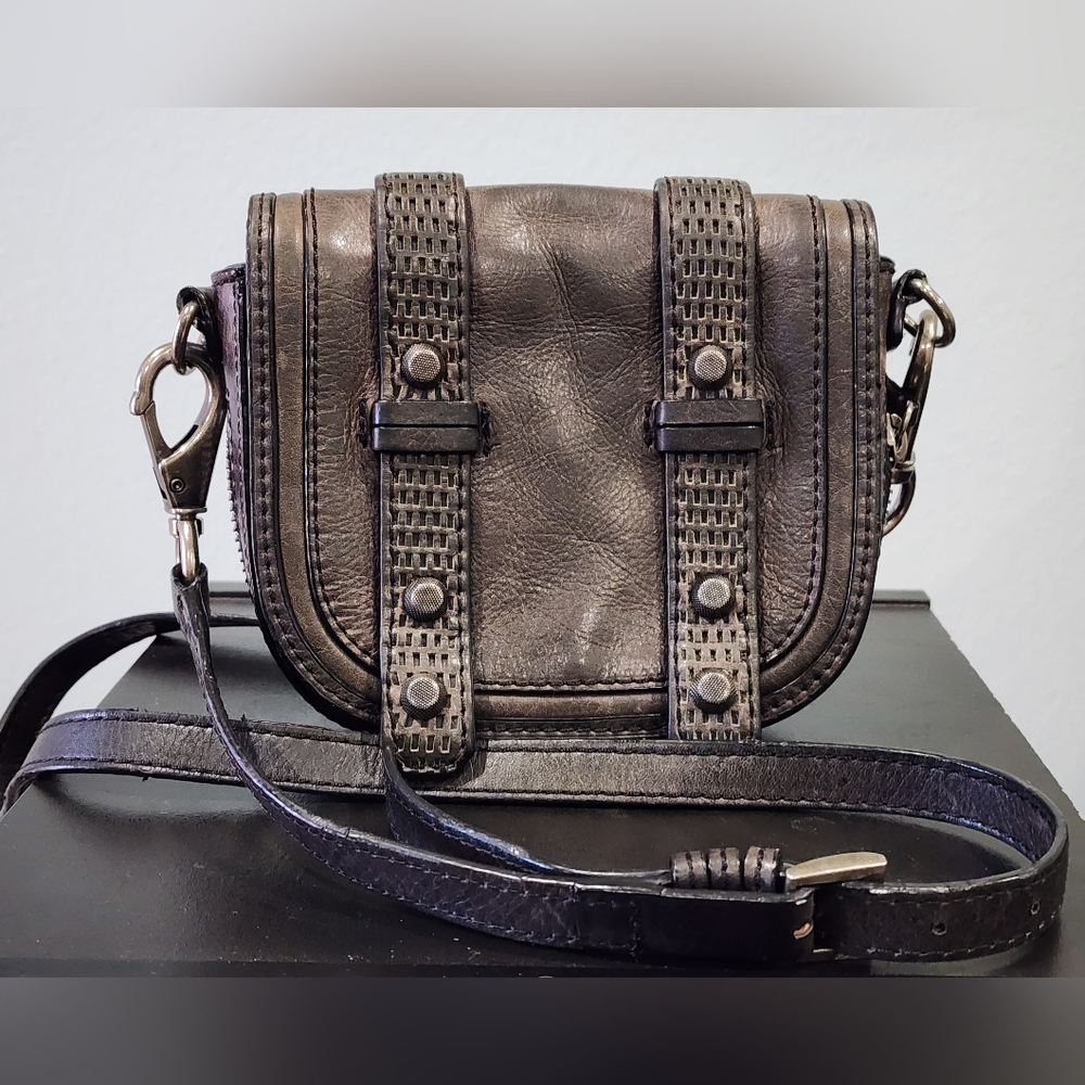 SHE +LO | Leather Crossbody Bag | Flap Saddle Style Studded Small Purse | Gray